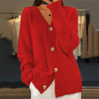 Women's long textured cardigan with V-neck and button front