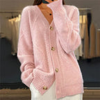 Women's long textured cardigan with V-neck and button front