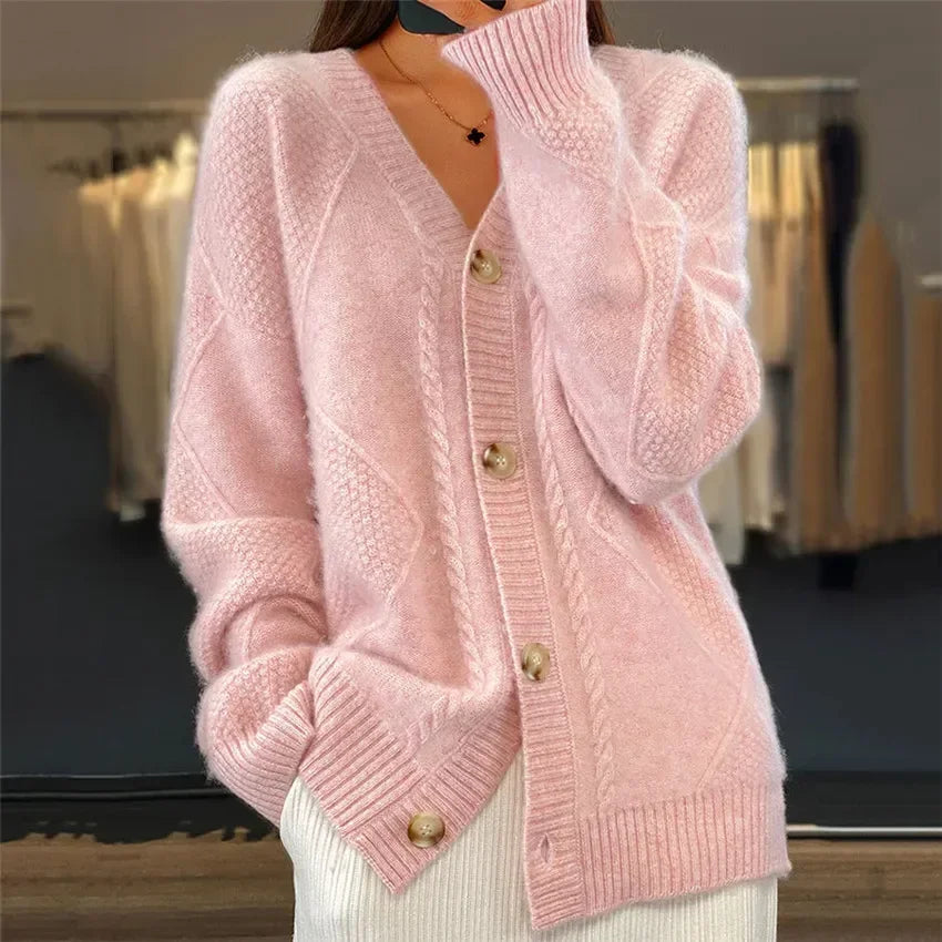 Women's long textured cardigan with V-neck and button front