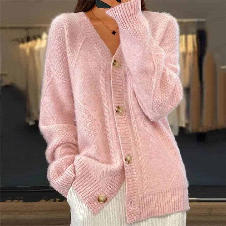 Women's long textured cardigan with V-neck and button front