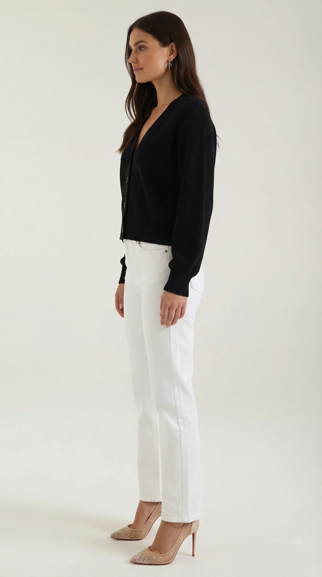 Women's ribbed V-neck button cardigan with long sleeves
