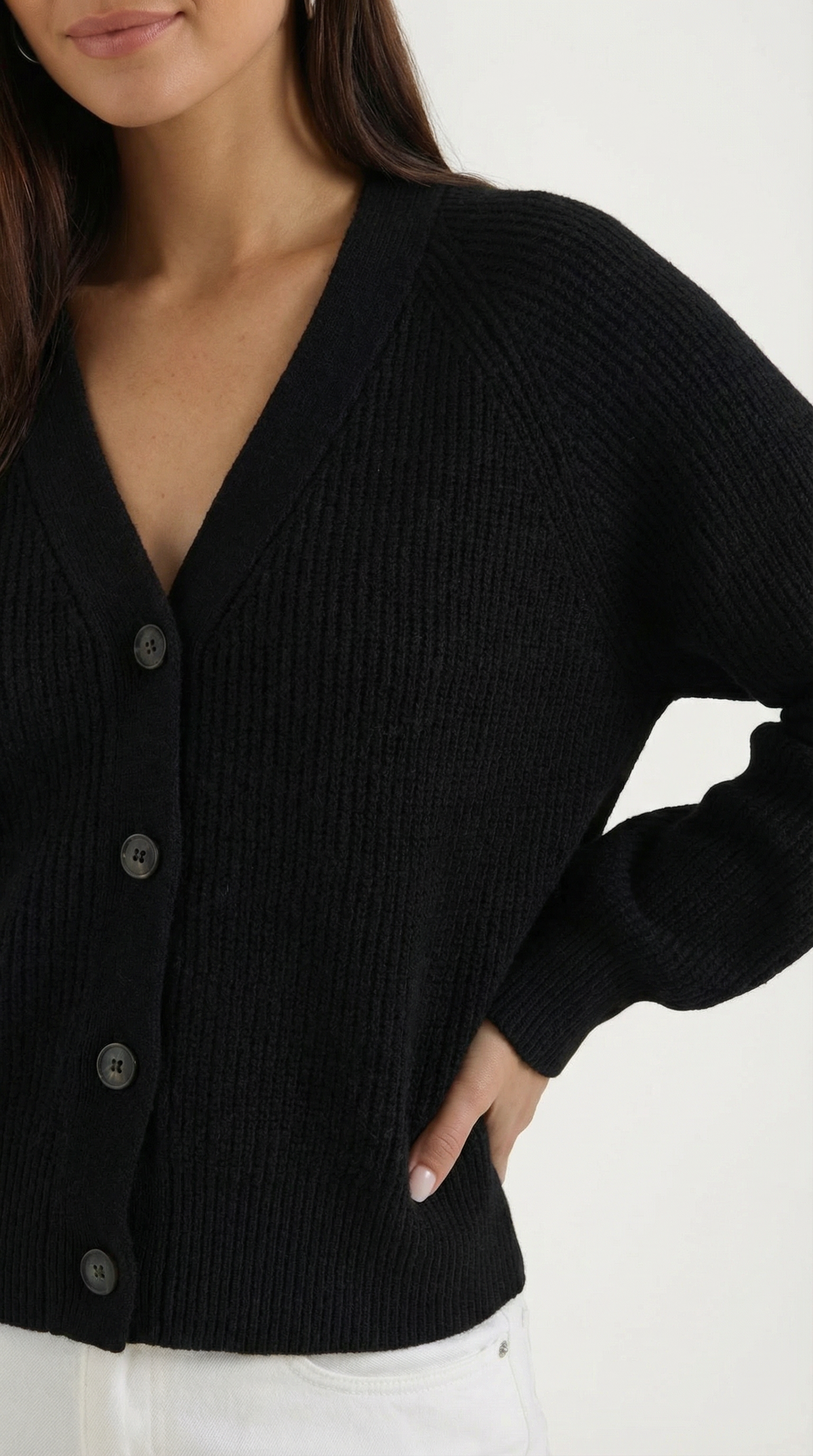 Women's ribbed V-neck button cardigan with long sleeves