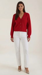 Women's ribbed V-neck button cardigan with long sleeves