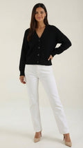 Women's ribbed V-neck button cardigan with long sleeves