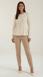 Women's ribbed peplum cardigan with round neckline and button front