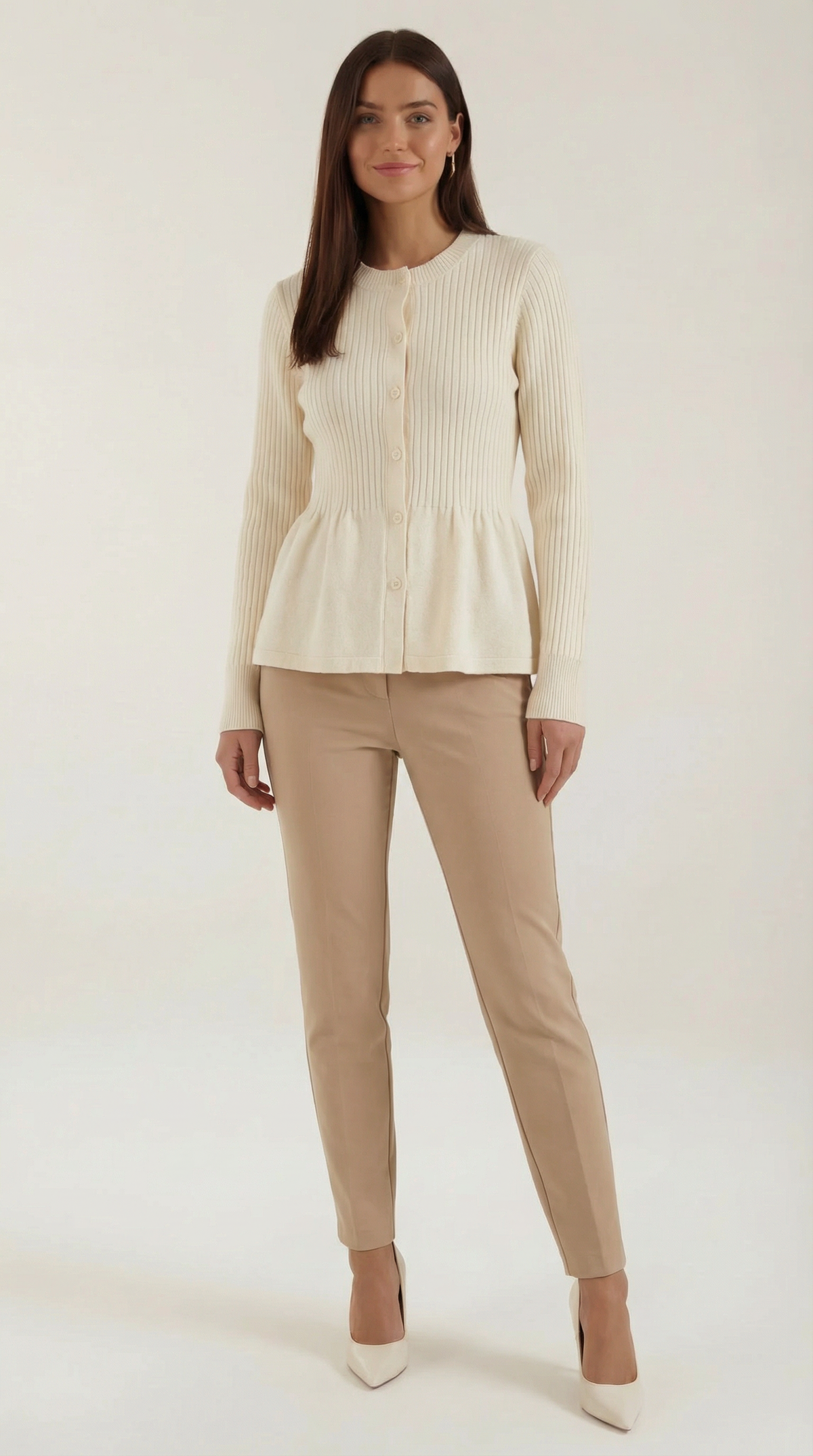 Women's ribbed peplum cardigan with round neckline and button front
