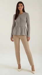 Women's ribbed peplum cardigan with round neckline and button front