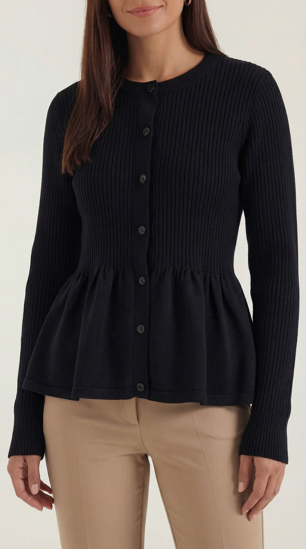 Women's ribbed peplum cardigan with round neckline and button front