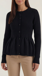 Women's ribbed peplum cardigan with round neckline and button front