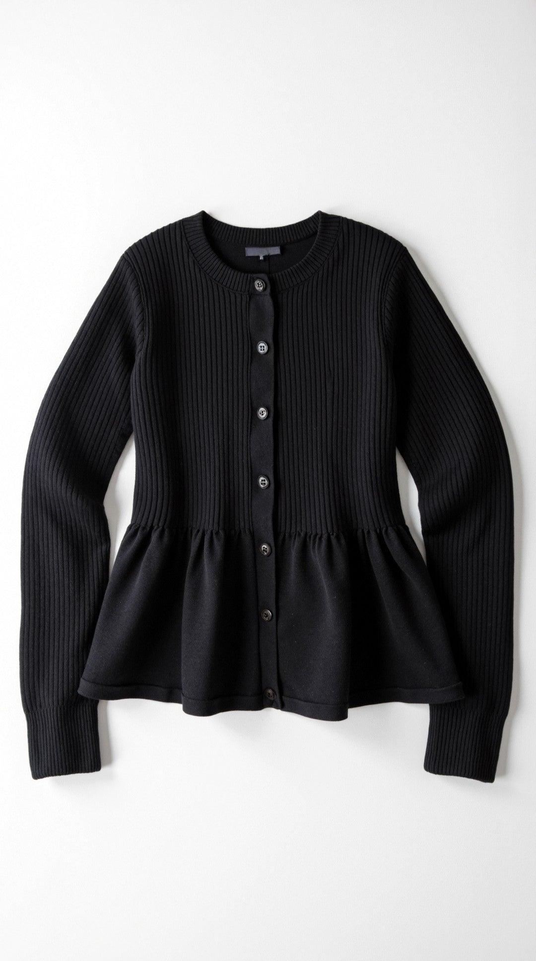 Women's ribbed peplum cardigan with round neckline and button front