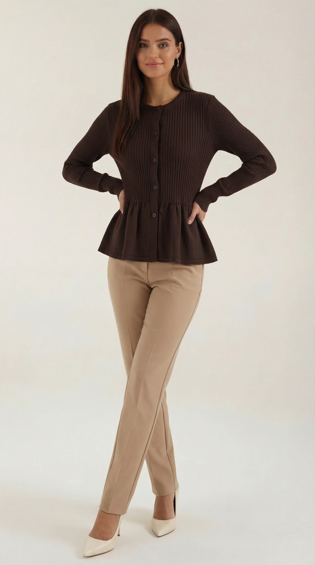 Women's ribbed peplum cardigan with round neckline and button front