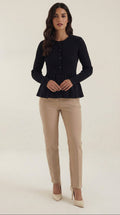 Women's ribbed peplum cardigan with round neckline and button front