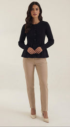 Women's ribbed peplum cardigan with round neckline and button front