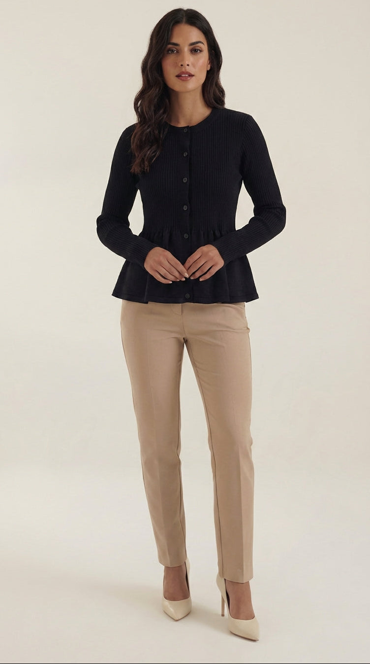 Women's ribbed peplum cardigan with round neckline and button front