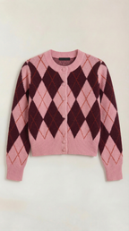 Women's pink argyle cardigan with long sleeves and button front