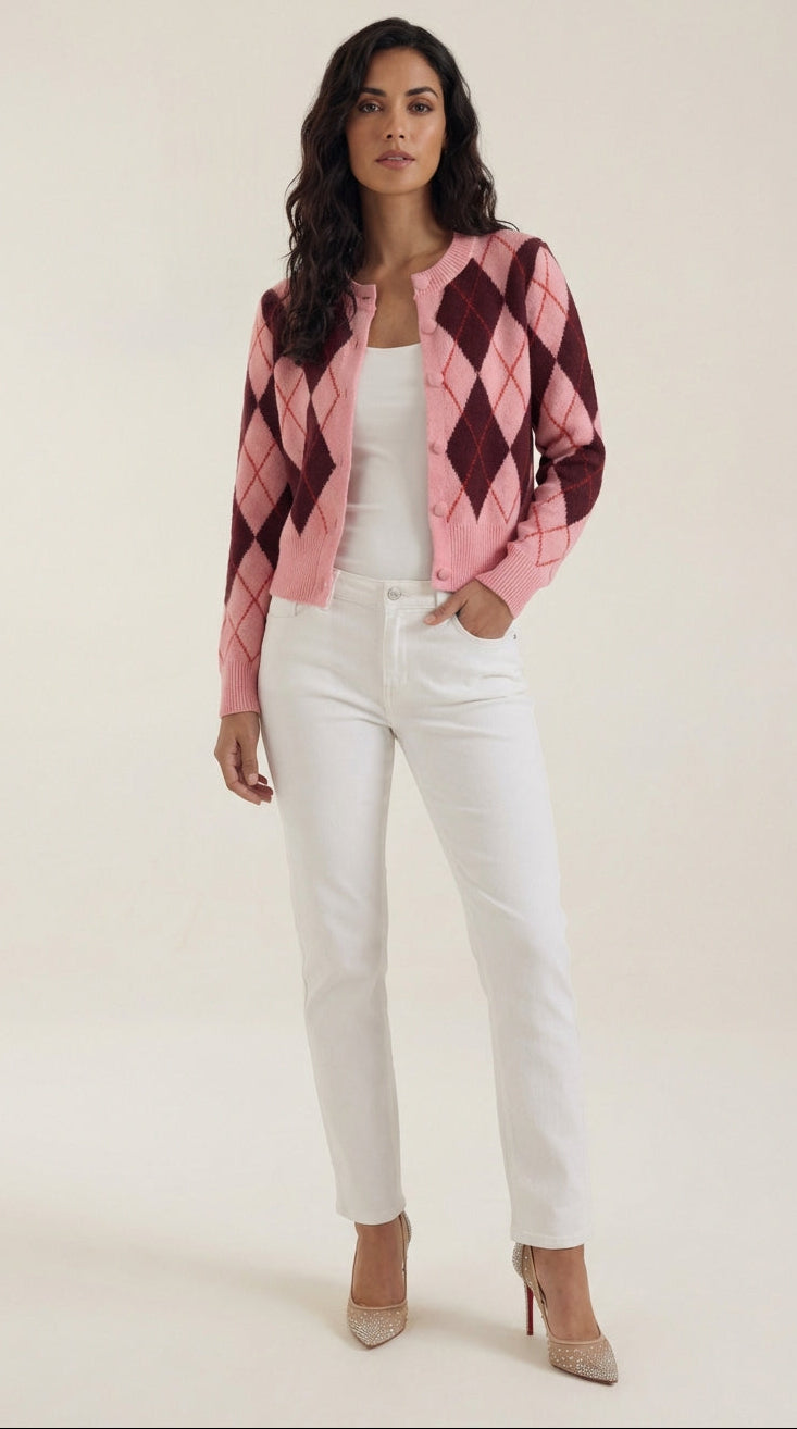 Women's pink argyle cardigan with long sleeves and button front