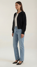 Women's knit cardigan with pearl trim, round neckline and long sleeves