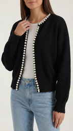 Women's knit cardigan with pearl trim, round neckline and long sleeves