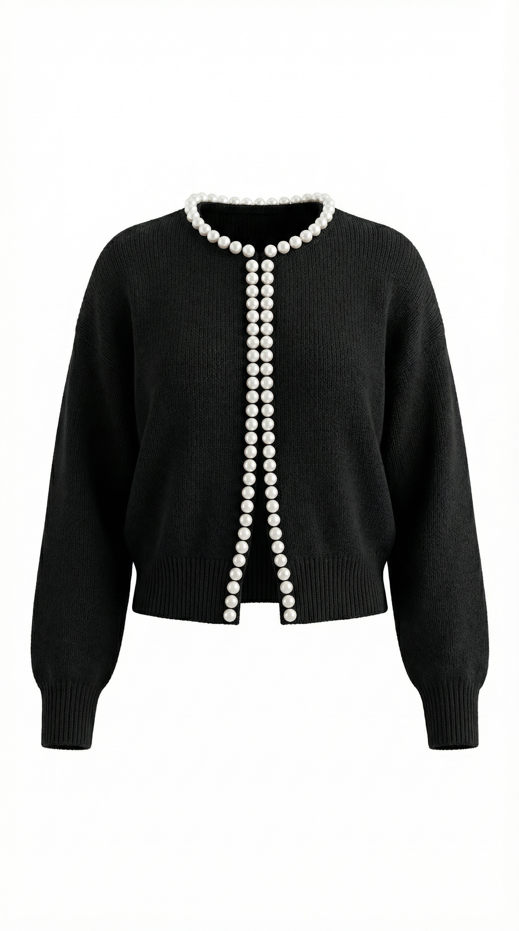 Women's knit cardigan with pearl trim, round neckline and long sleeves