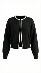 Women's knit cardigan with pearl trim, round neckline and long sleeves