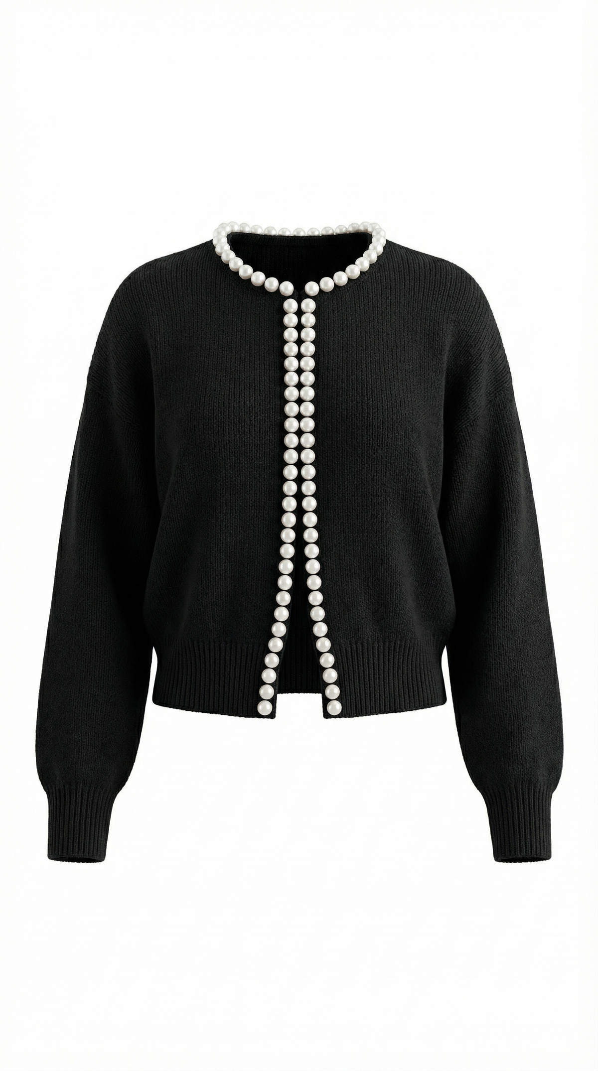 Women's knit cardigan with pearl trim, round neckline and long sleeves