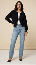 Women's knit cardigan with pearl trim, round neckline and long sleeves
