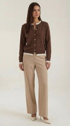 Women's long-sleeve knit cardigan with contrast ribbed trims and front buttons