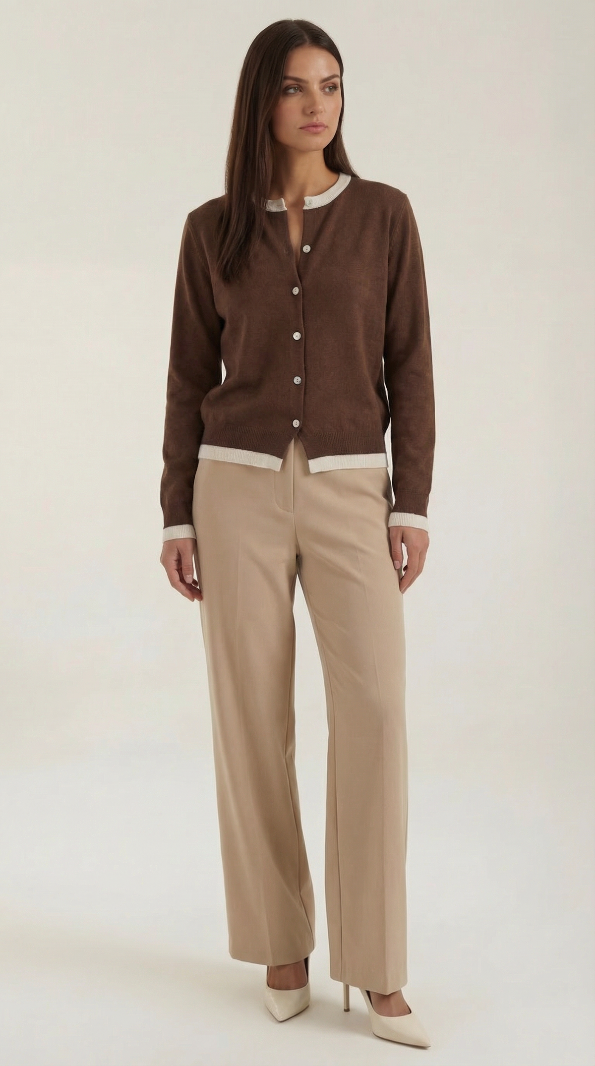 Women's long-sleeve knit cardigan with contrast ribbed trims and front buttons