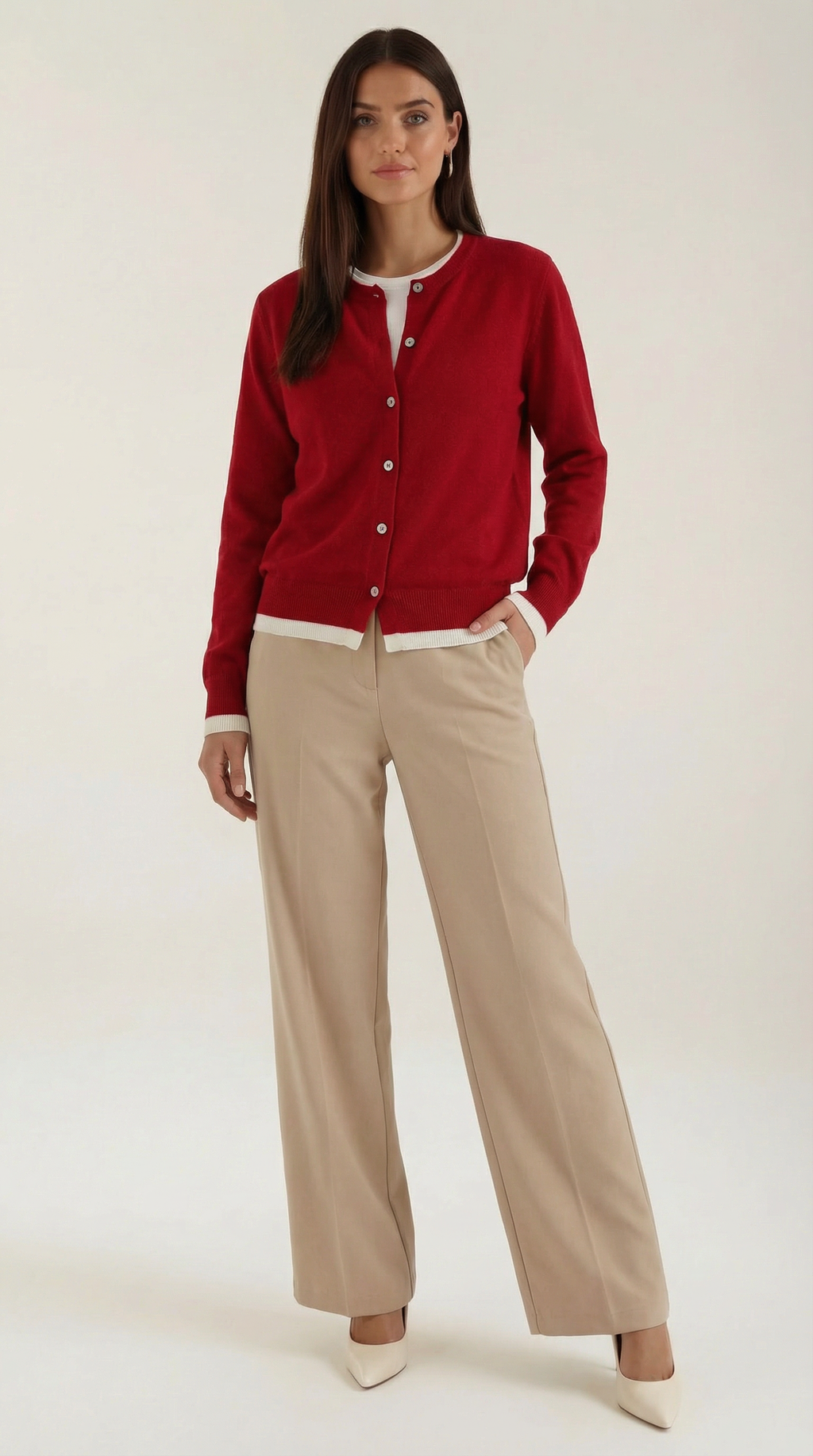 Women's long-sleeve knit cardigan with contrast ribbed trims and front buttons
