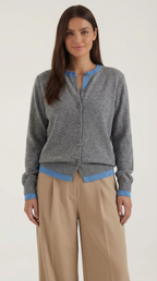 Women's long-sleeve knit cardigan with contrast ribbed trims and front buttons