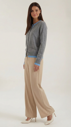 Women's long-sleeve knit cardigan with contrast ribbed trims and front buttons