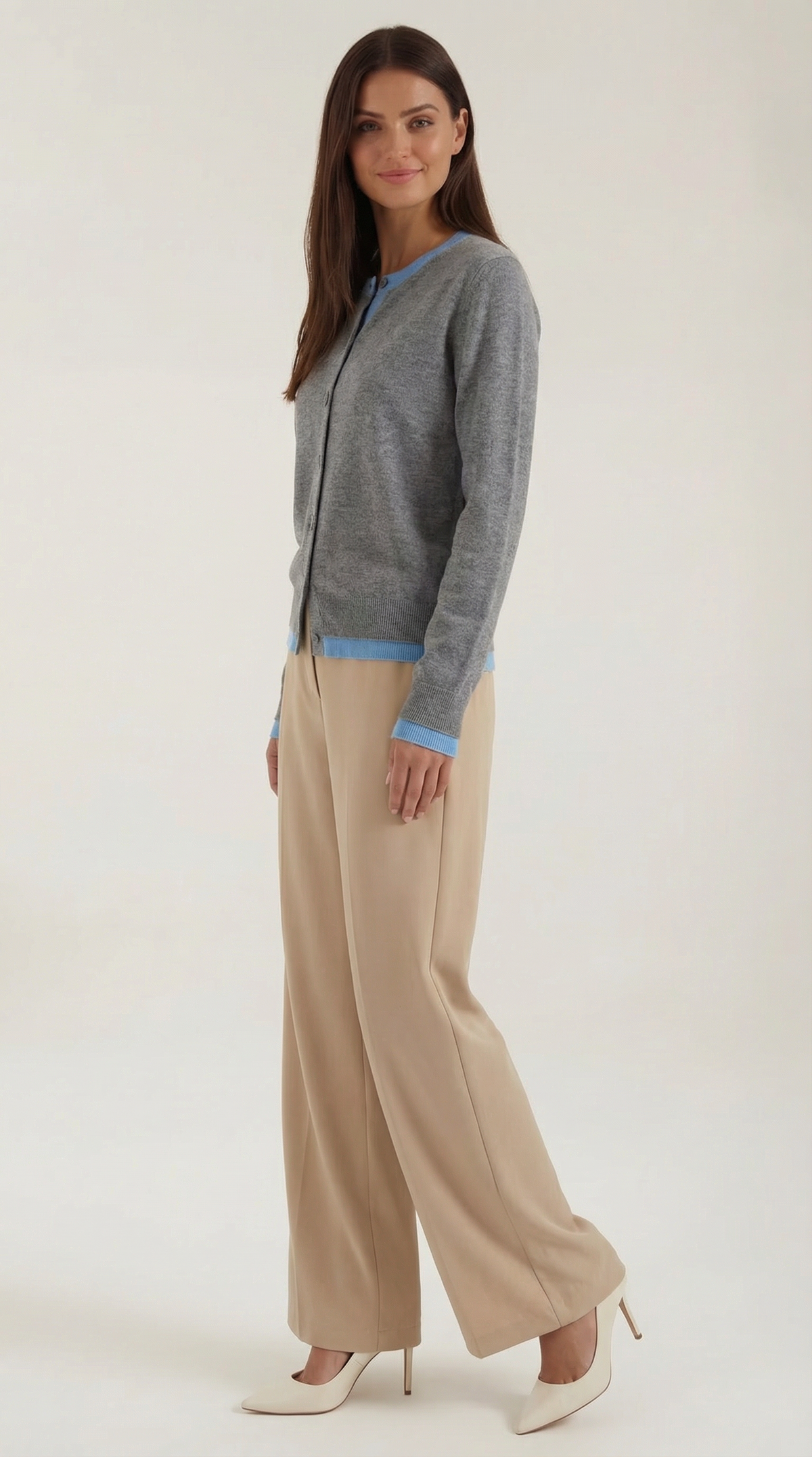 Women's long-sleeve knit cardigan with contrast ribbed trims and front buttons