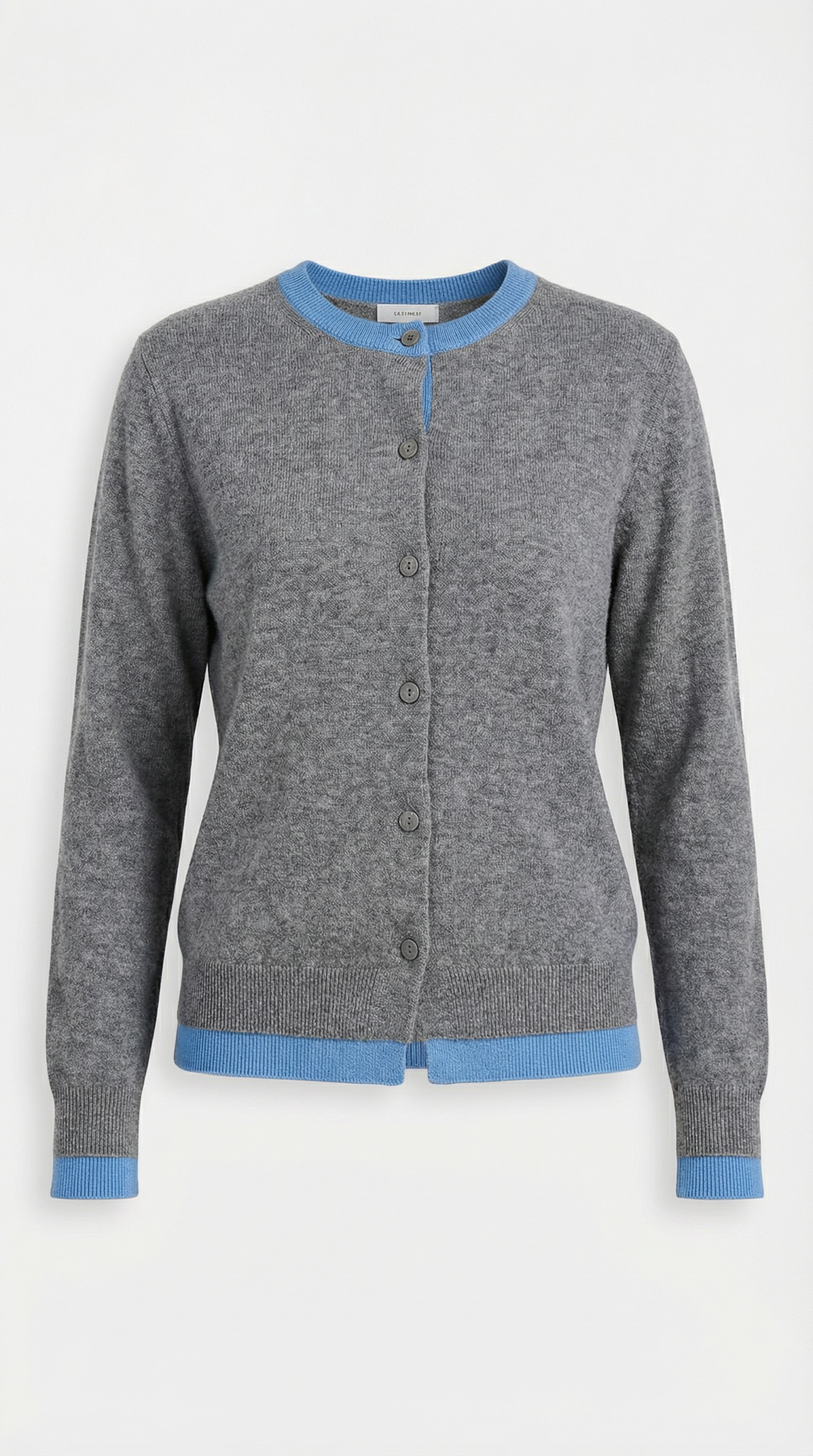 Women's long-sleeve knit cardigan with contrast ribbed trims and front buttons