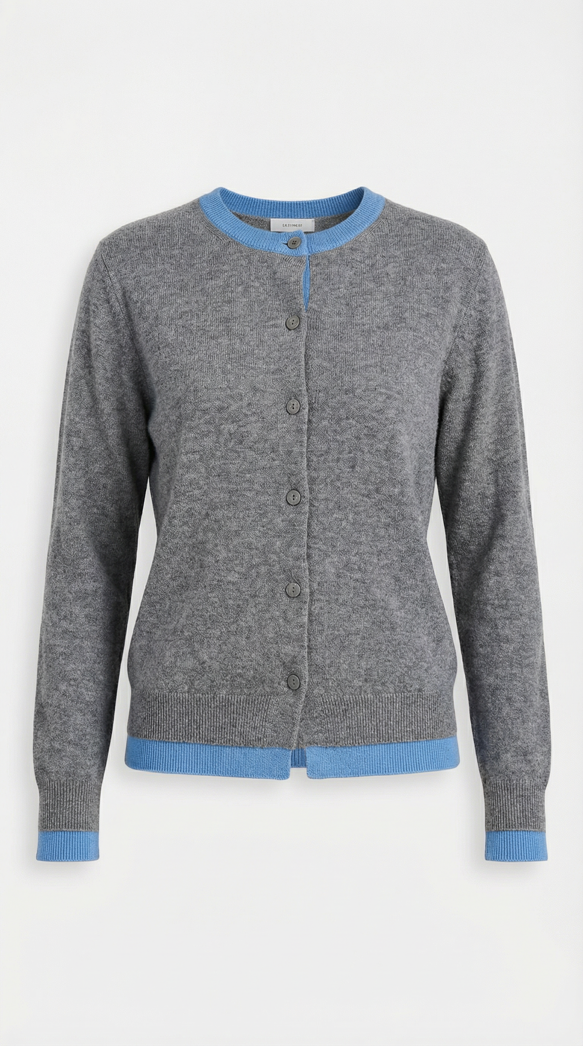 Women's long-sleeve knit cardigan with contrast ribbed trims and front buttons