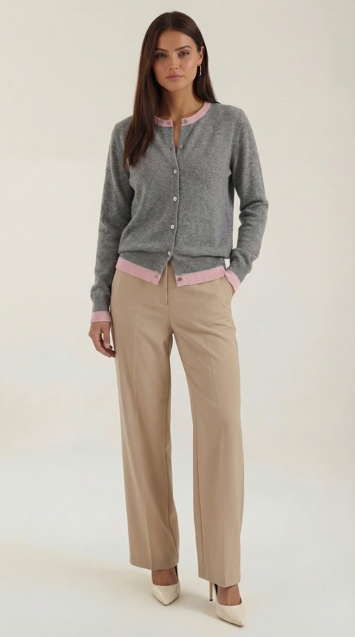 Women's long-sleeve knit cardigan with contrast ribbed trims and front buttons