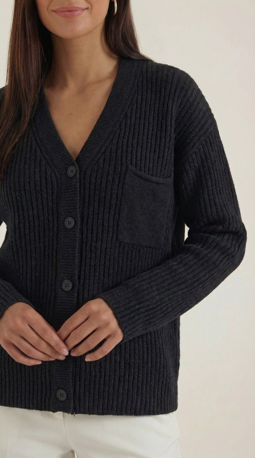 Women's ribbed V-neck cardigan with long sleeves, button front and chest pocket