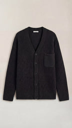 Women's ribbed V-neck cardigan with long sleeves, button front and chest pocket