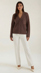 Women's ribbed V-neck cardigan with long sleeves, button front and chest pocket