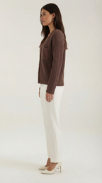 Women's ribbed V-neck cardigan with long sleeves, button front and chest pocket