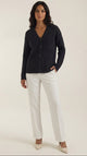 Women's ribbed V-neck cardigan with long sleeves, button front and chest pocket