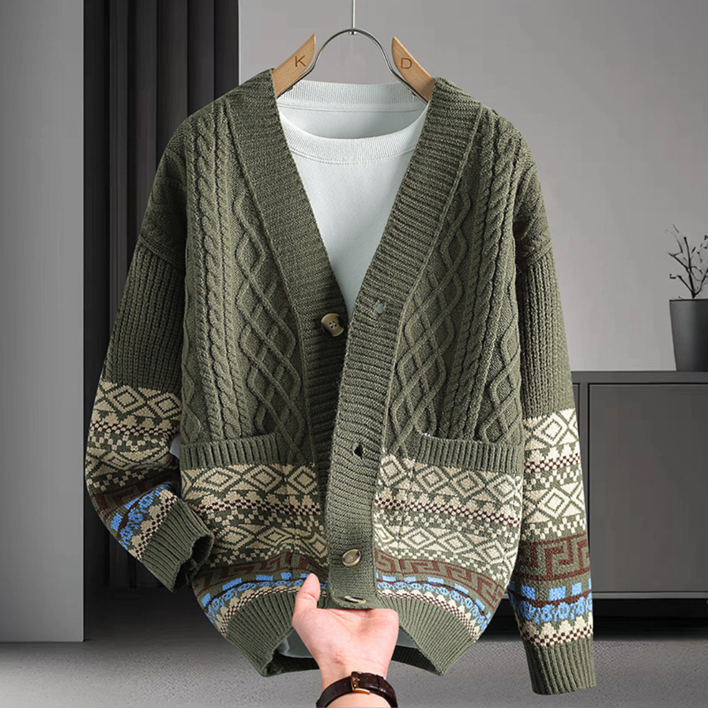 Braided knit cardigan with geometric bands, buttons and patch pockets