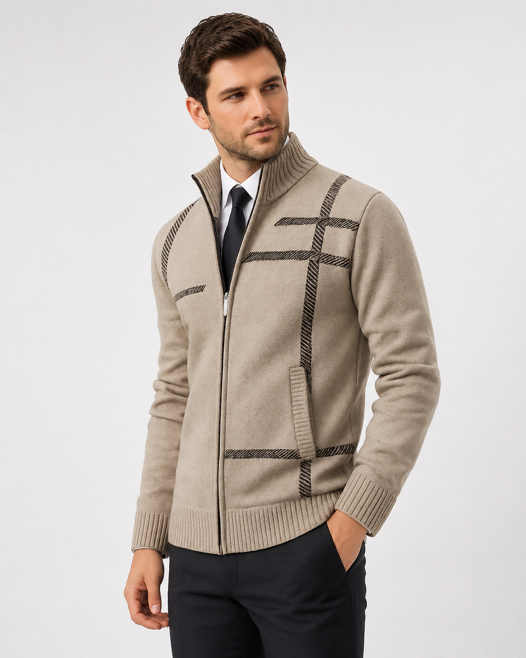Men's patterned knit cardigan with high collar and zip front