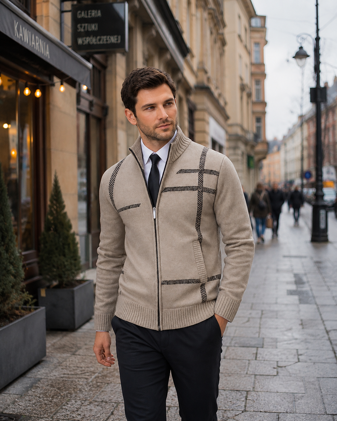 Men's patterned knit cardigan with high collar and zip front