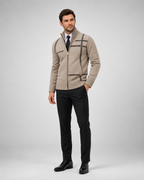 Men's patterned knit cardigan with high collar and zip front