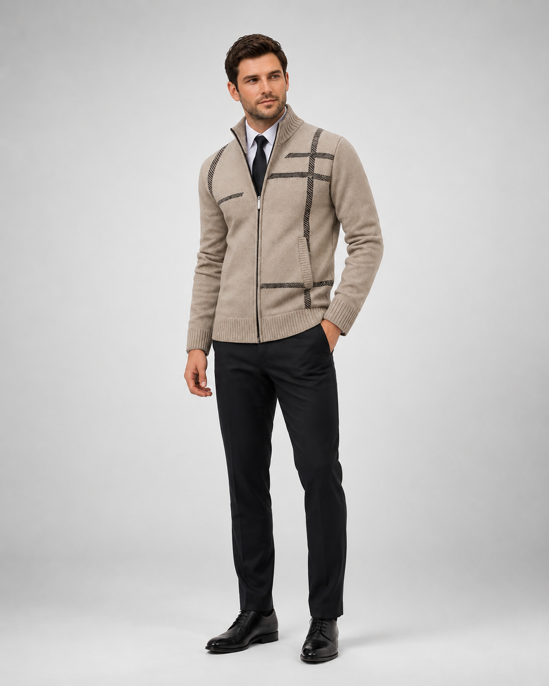 Men's patterned knit cardigan with high collar and zip front