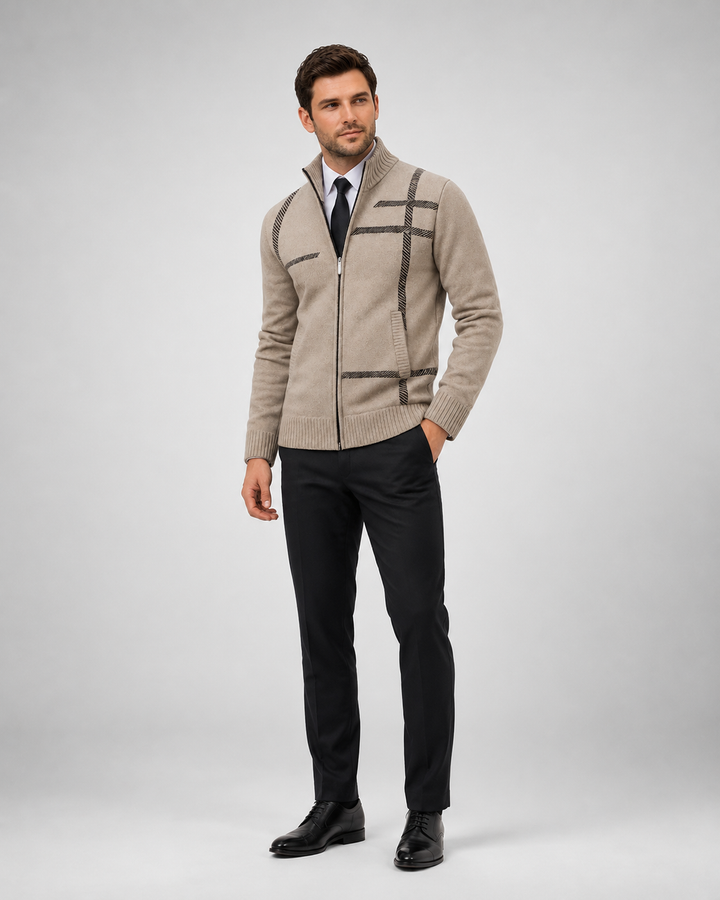Men's patterned knit cardigan with high collar and zip front