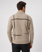Men's patterned knit cardigan with high collar and zip front