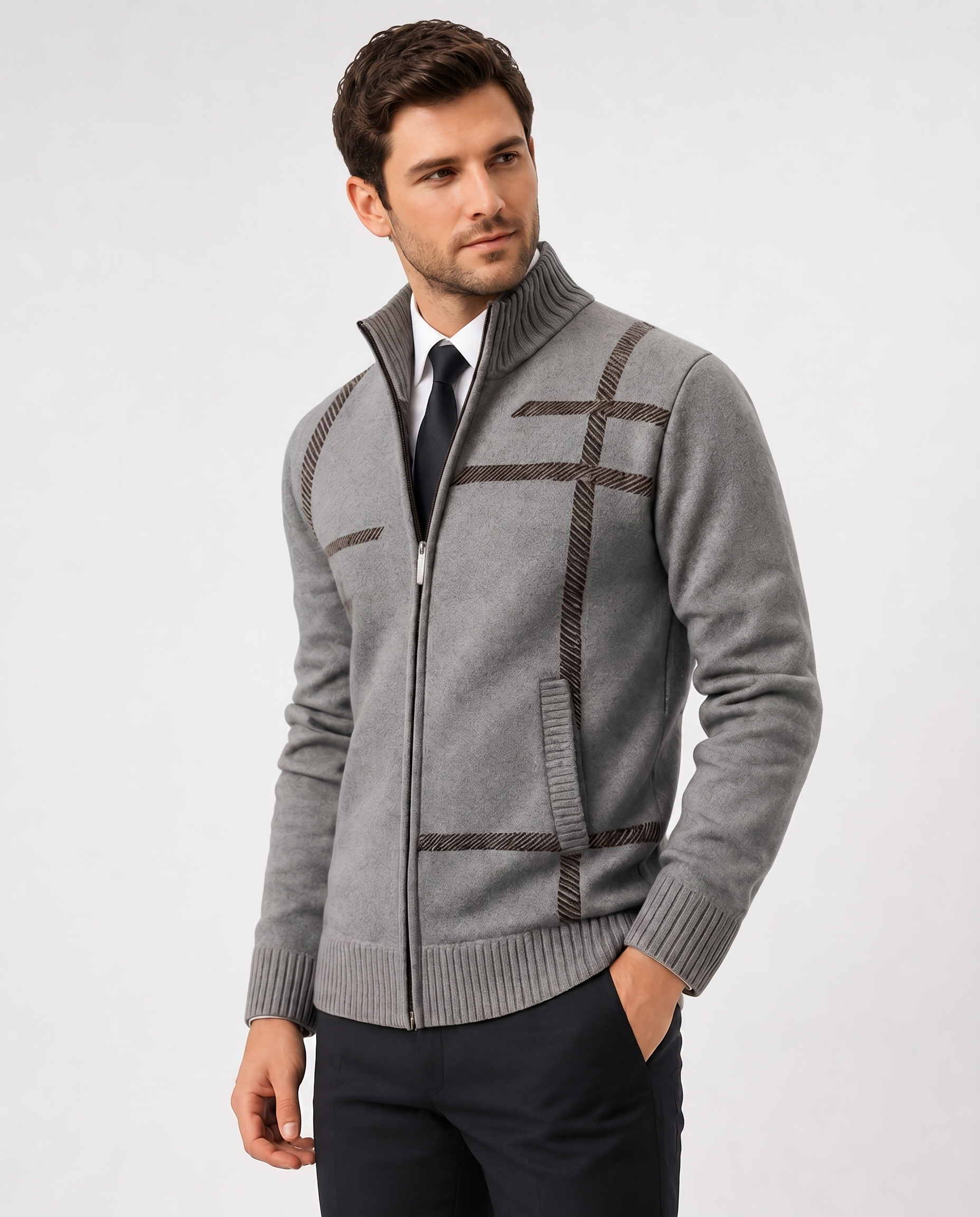 Men's patterned knit cardigan with high collar and zip front