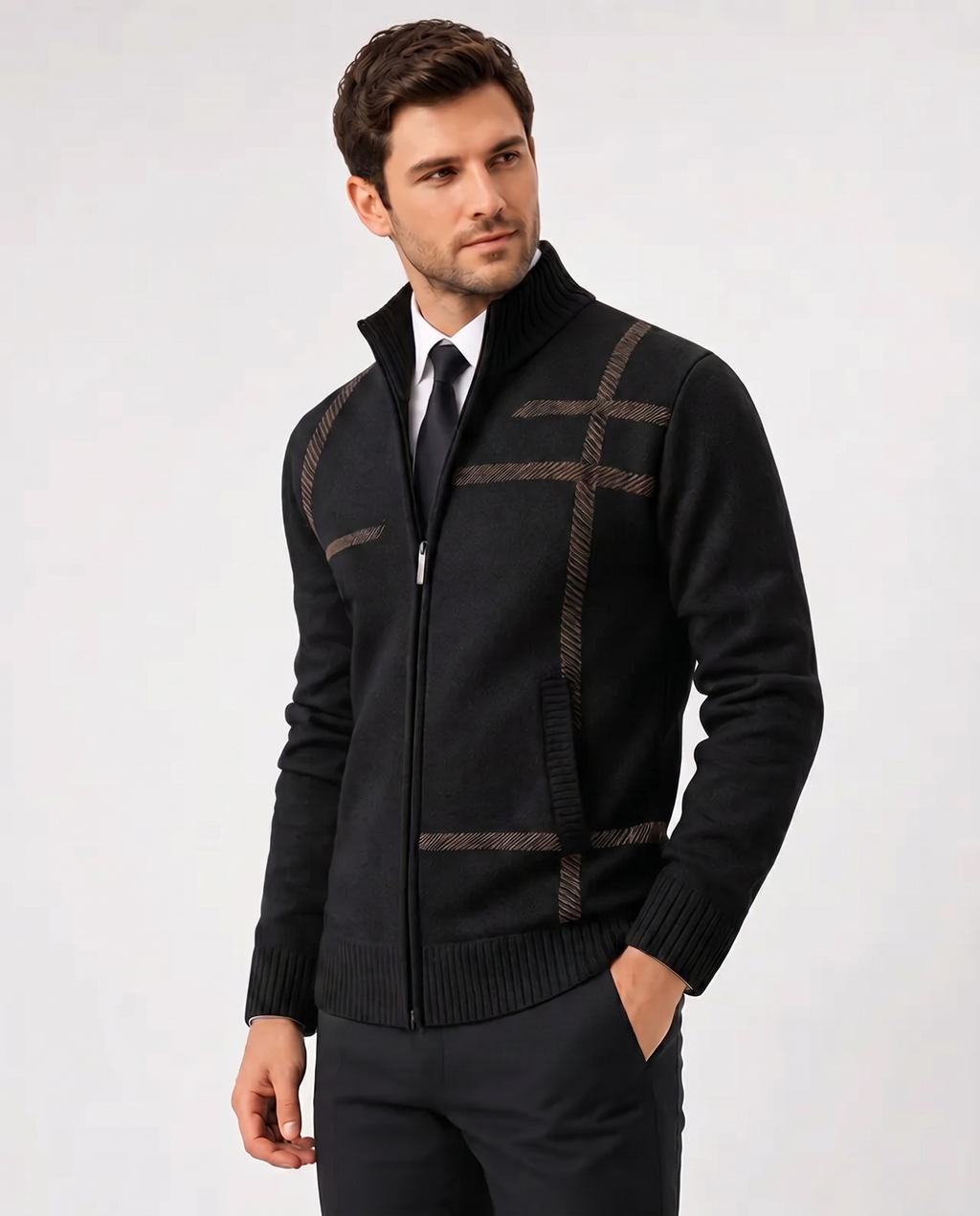 Men's patterned knit cardigan with high collar and zip front