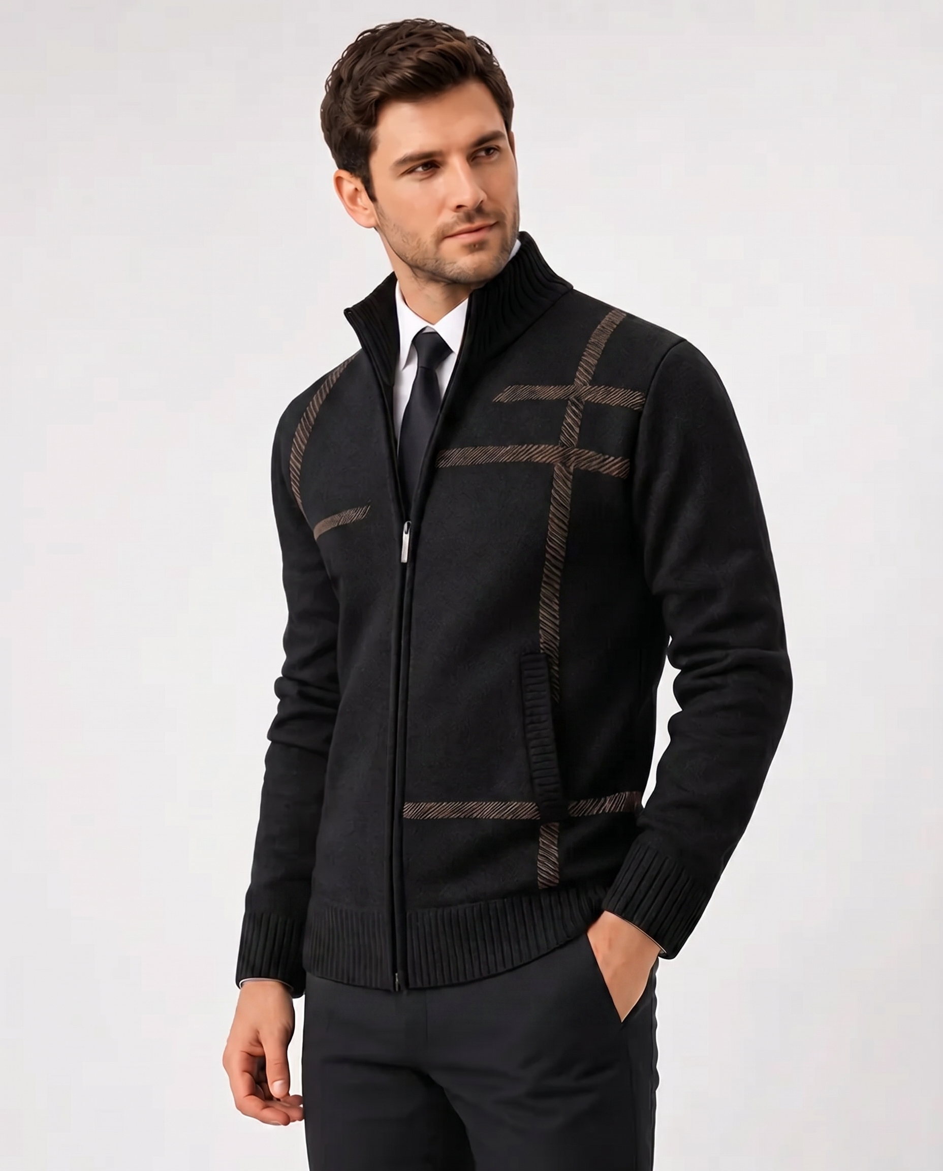 Men's patterned knit cardigan with high collar and zip front
